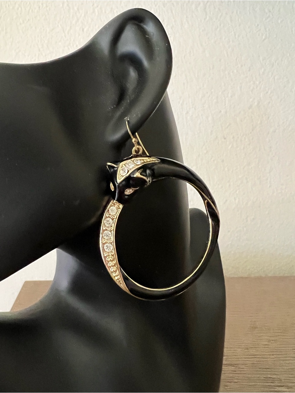 Black and Gold Panther Hoop Earrings - Crystal Accents